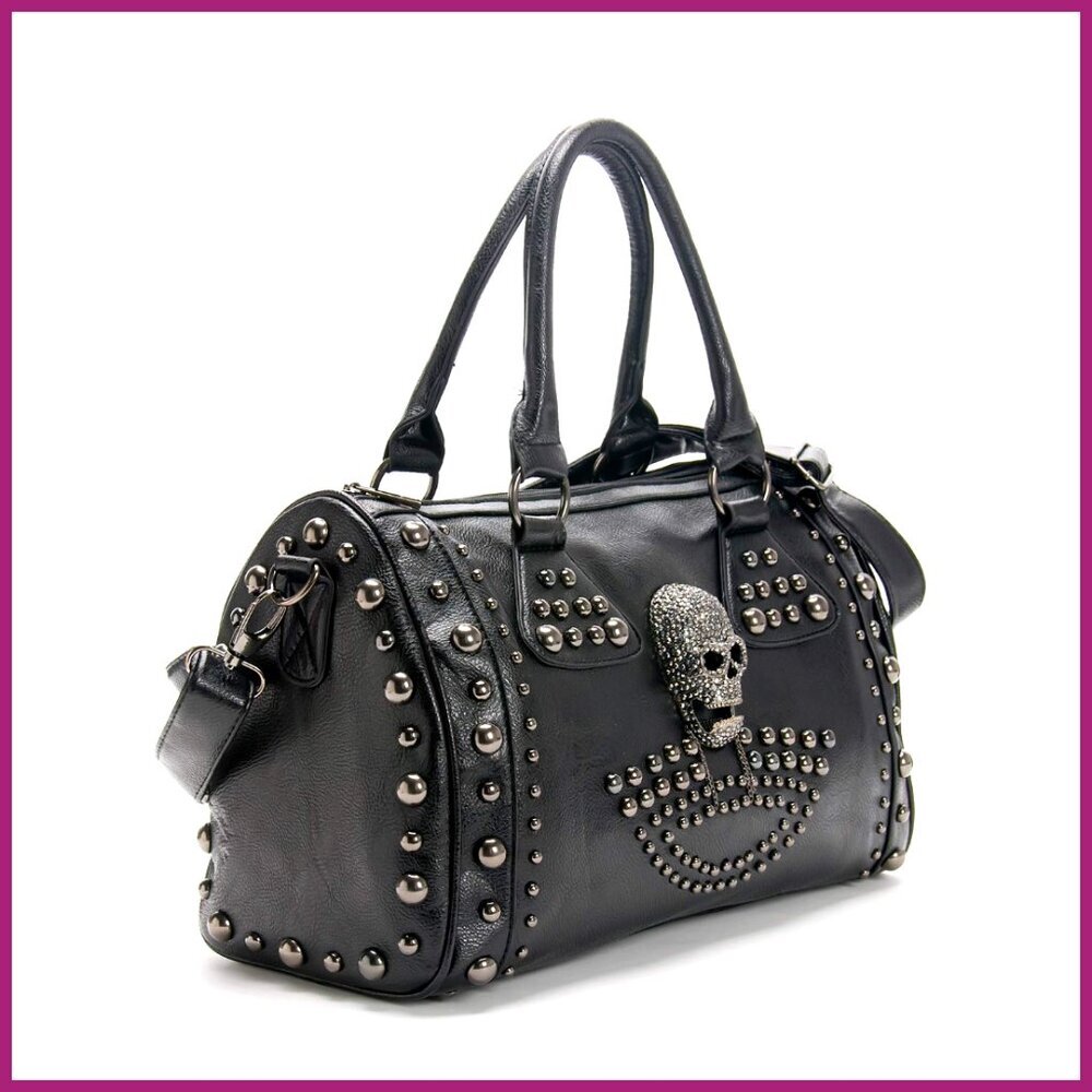 Faux Leather Skull Shoulder Bag Large Capacity Studded Doctor Handbag